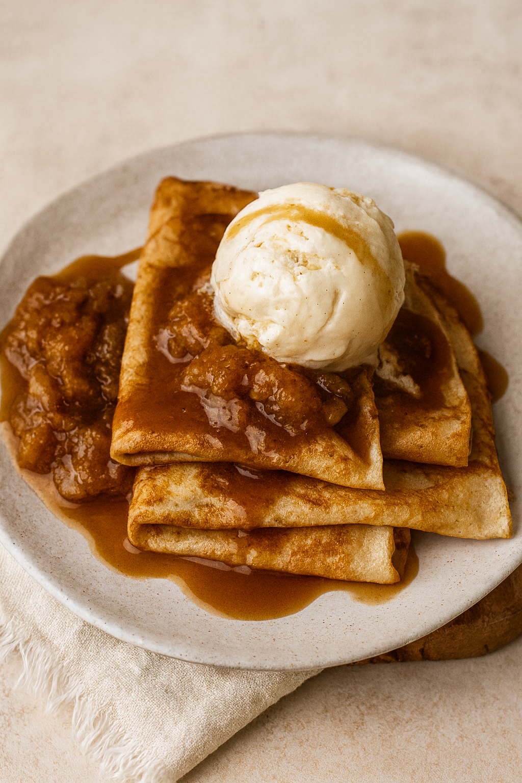 Golden cinnamon crêpes folded on a rustic ceramic plate, topped with a scoop of melting vanilla ice cream and drizzled with warm apple compote and caramel sauce, styled in soft natural light with warm beige tones in the Luna Vanilla aesthetic.