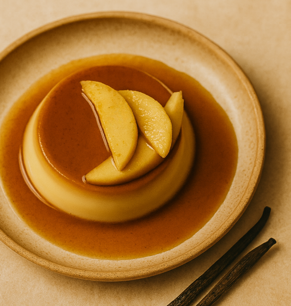 A golden crème caramel topped with rum-soaked mango slices and flecks of real vanilla bean beside a Luna Vanilla pod.