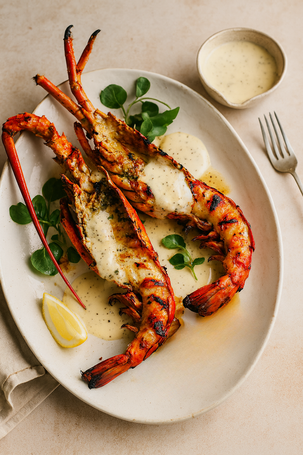 Two grilled lobster halves served on a white ceramic plate, topped with creamy vanilla bean sauce and garnished with fresh greens and a lemon wedge, styled in warm natural light with a minimal, elegant Luna Vanilla aesthetic.