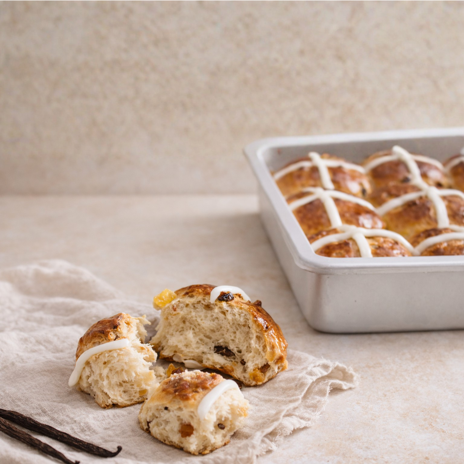 Hot Cross Buns using Luna Vanilla beans, paste and extract. 