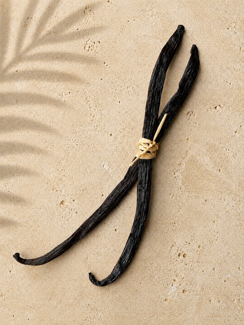 Two luna vanilla gourmet bourbon beans tied with a raffia string on a beige background