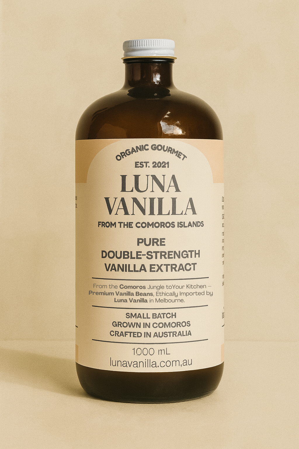 Bottle of Luna Vanilla vanilla extract on a beige background, - Luna Vanilla Bean Extract | Luna Vanilla Beans | Buy Vanilla Australia | Gourmet Bourbon Vanilla Beans | Buy Comoros Vanilla Beans | Vanilla Extract 