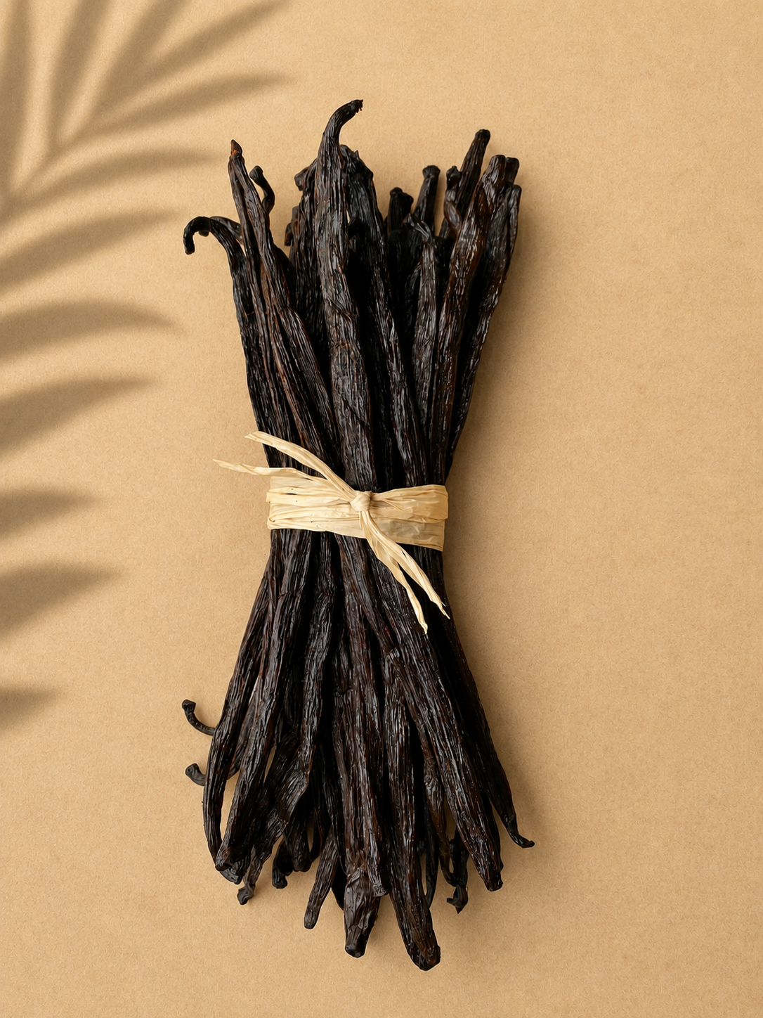 100g whole gourmet bourbon Luna vanilla beans tied with twine on a beige background