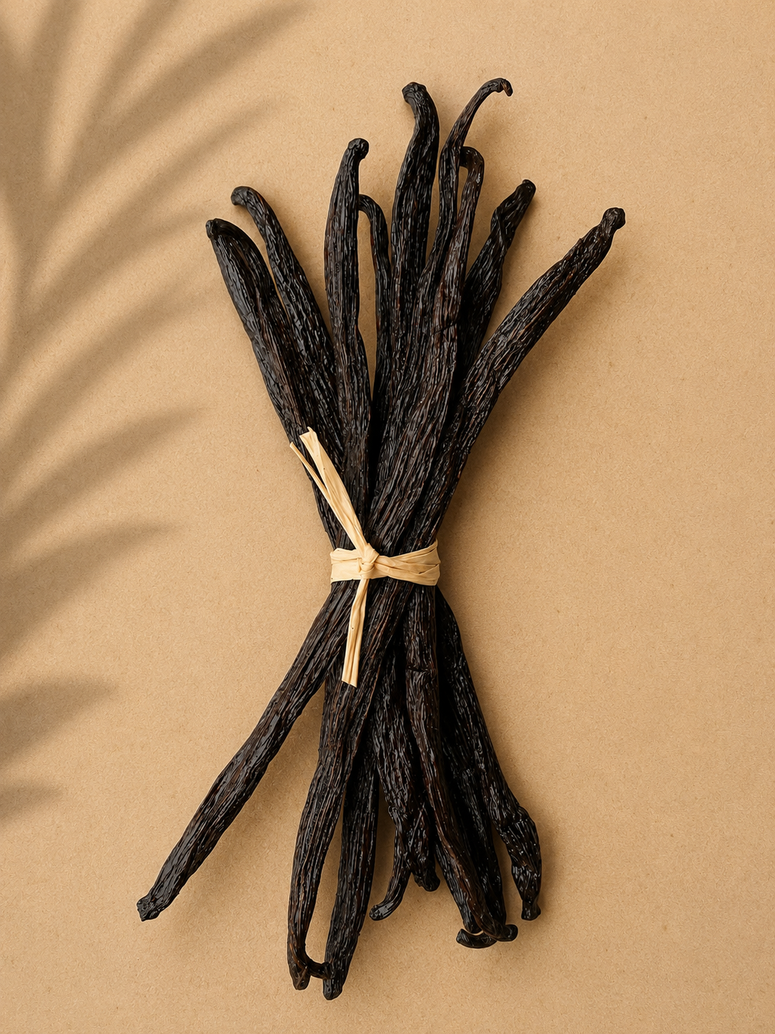 10 whole gourmet bourbon Luna vanilla beans tied with twine on a beige background