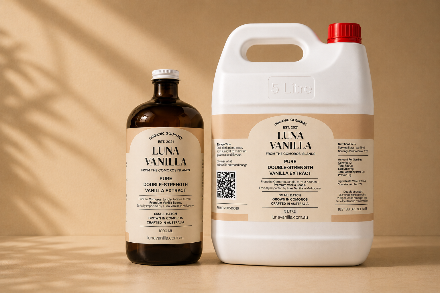 1 litre and 5 litre bottle of Luna Vanilla pure double strength vanilla extract on a beige background