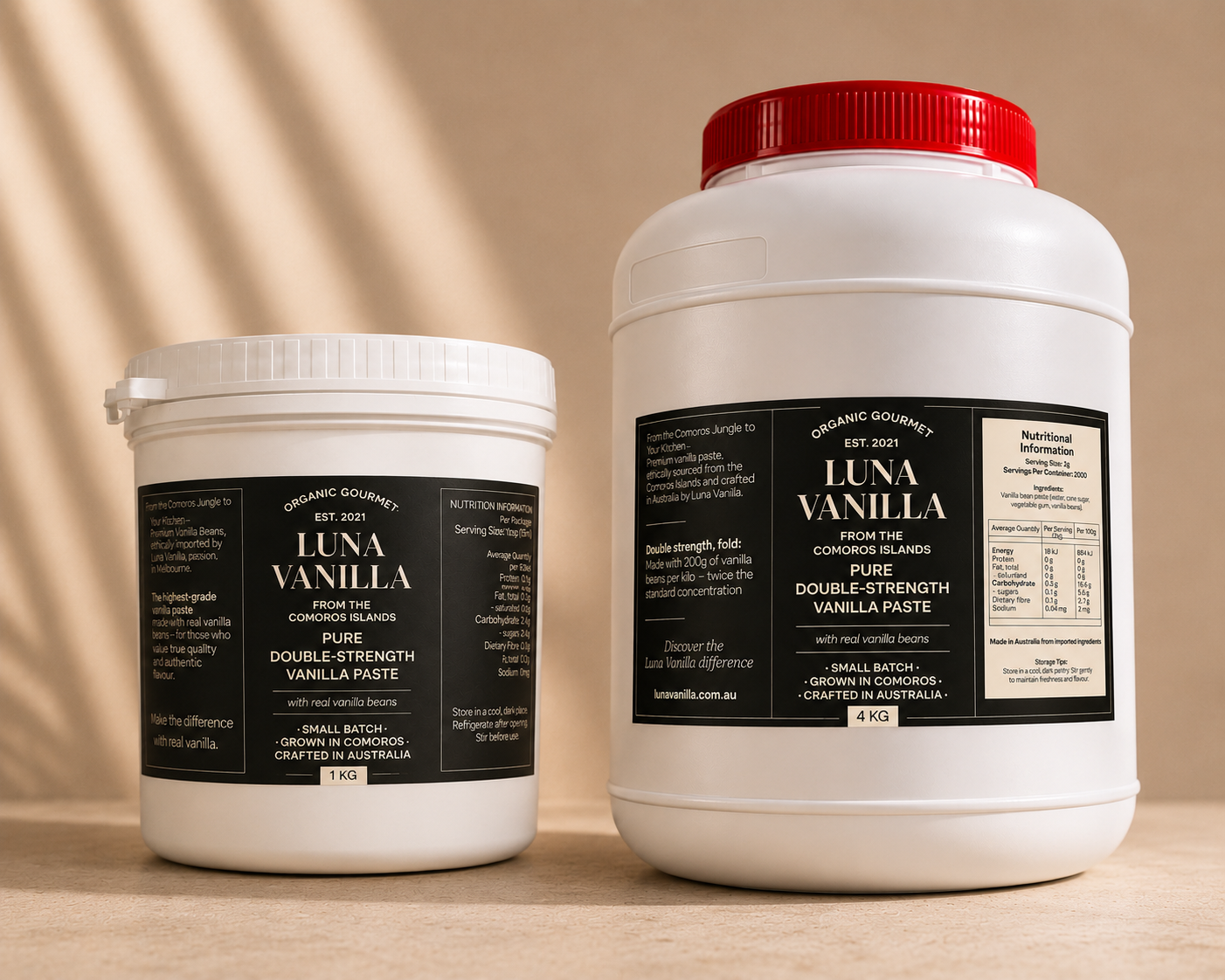 1kg & 4kg containers of Luna Vanilla vanilla paste on a wooden surface with a beige background