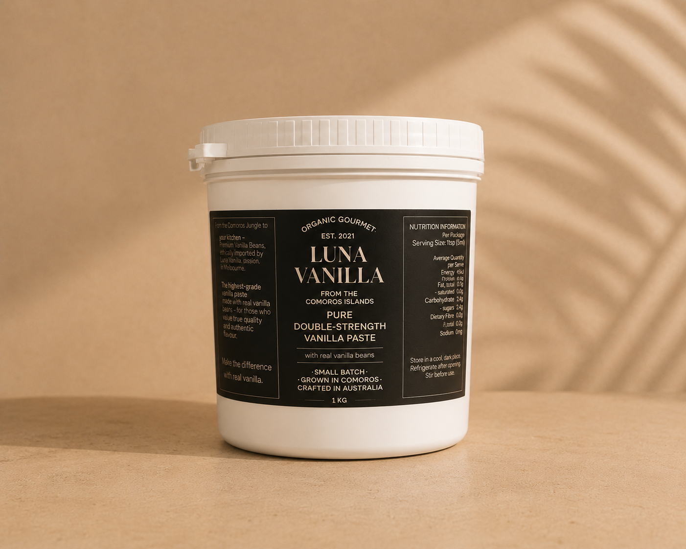 1kg jar of luna vanilla double strength paste on beige background