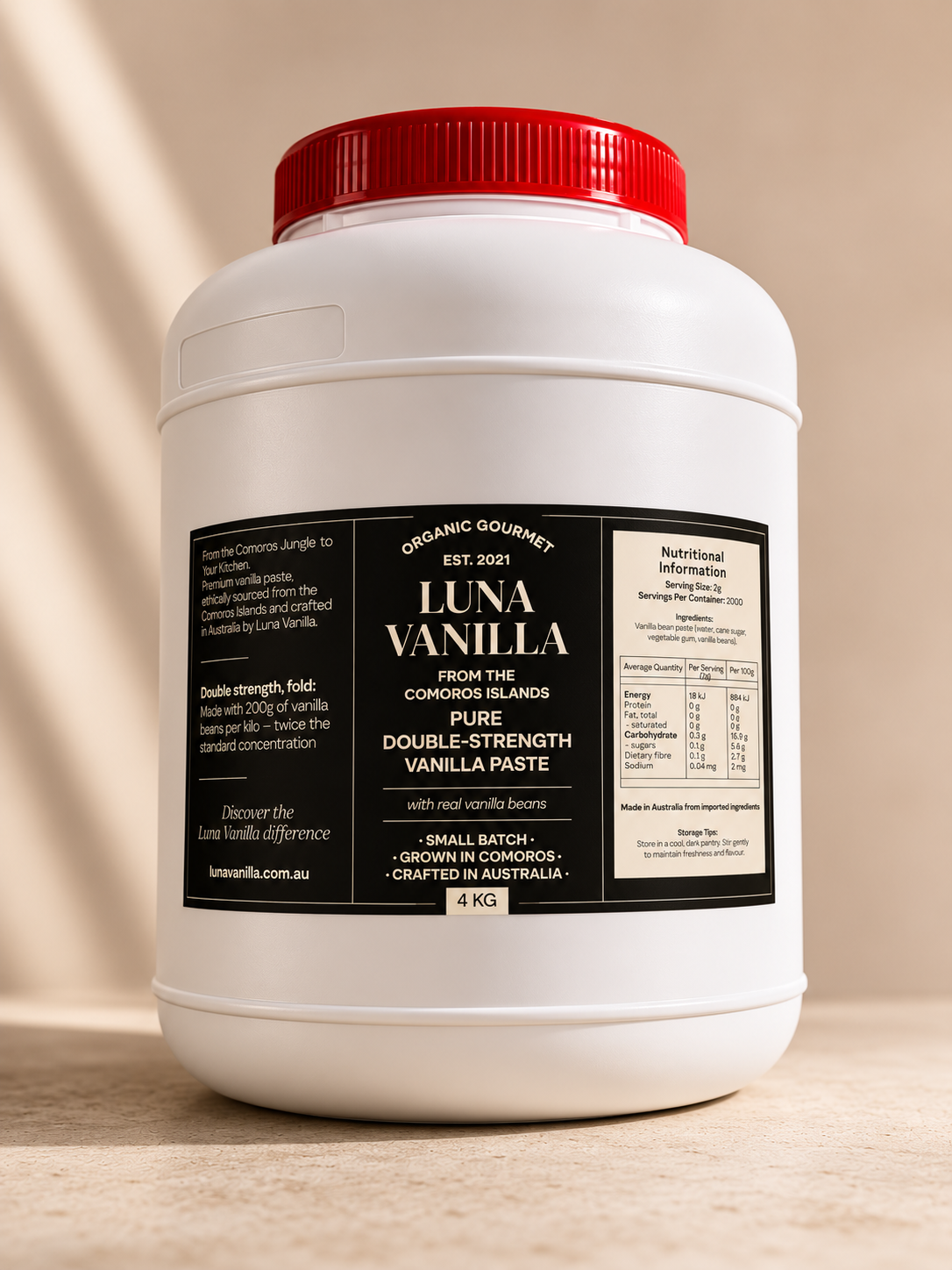 Luna Vanilla 4kg Pure Double Strength Vanilla Paste in white container with red lid on a beige background