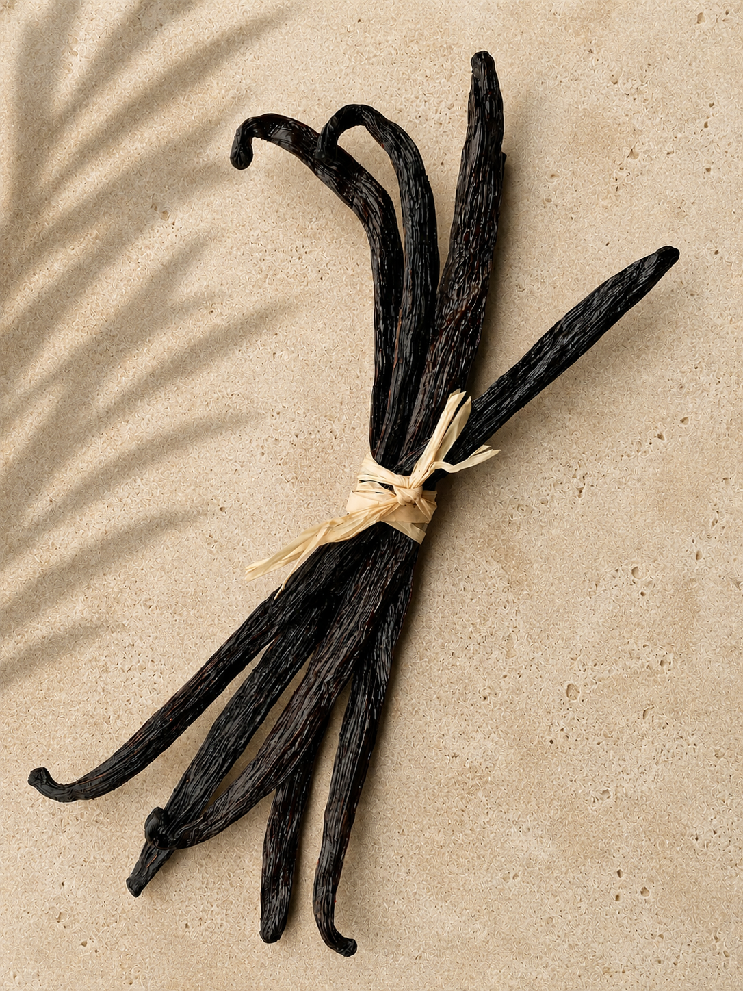 5 whole gourmet bourbon Luna vanilla beans tied with twine on a beige background