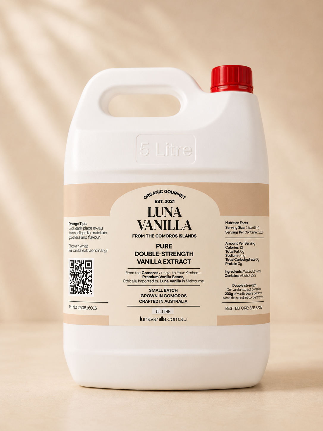 Luna Vanilla 5 litre vanilla extract bottle on a beige background