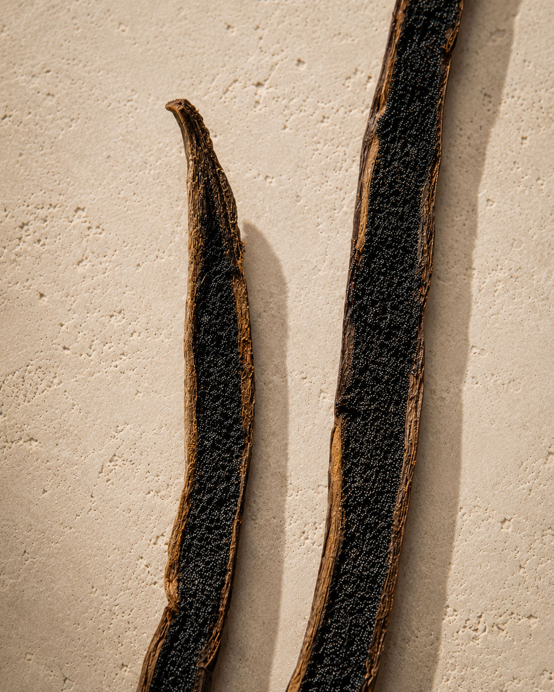 A cut open luna vanilla extract grade  beans on a beige surface, showing abundance of vanilla caviar. 