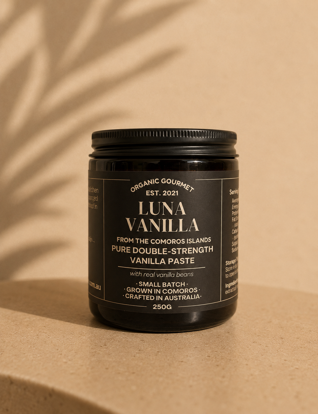 250g jar of Luna Vanilla vanilla paste on a beige background