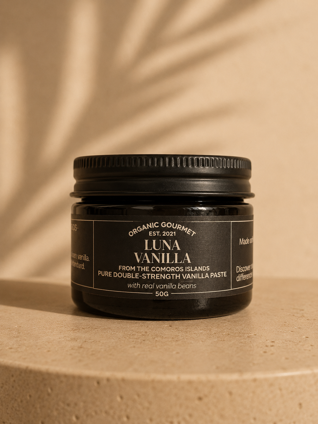 50g jar of Luna Vanilla paste on a beige background