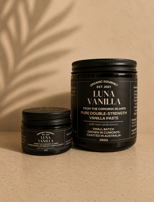 50g and 250g of Luna Vanilla vanilla paste on a beige background