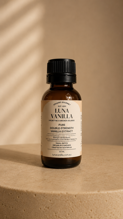 50ml bottle of Luna Vanilla vanilla extract on a beige background