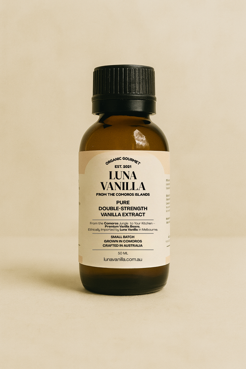 A 50ml bottle of Luna Vanilla pure double-strength vanilla extract displayed against a warm beige background.