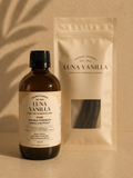 Luna Vanilla Artisan Bundle - 200ml Double Strength Vanilla Extract + 10 Bourbon Vanilla Beans on a beige background