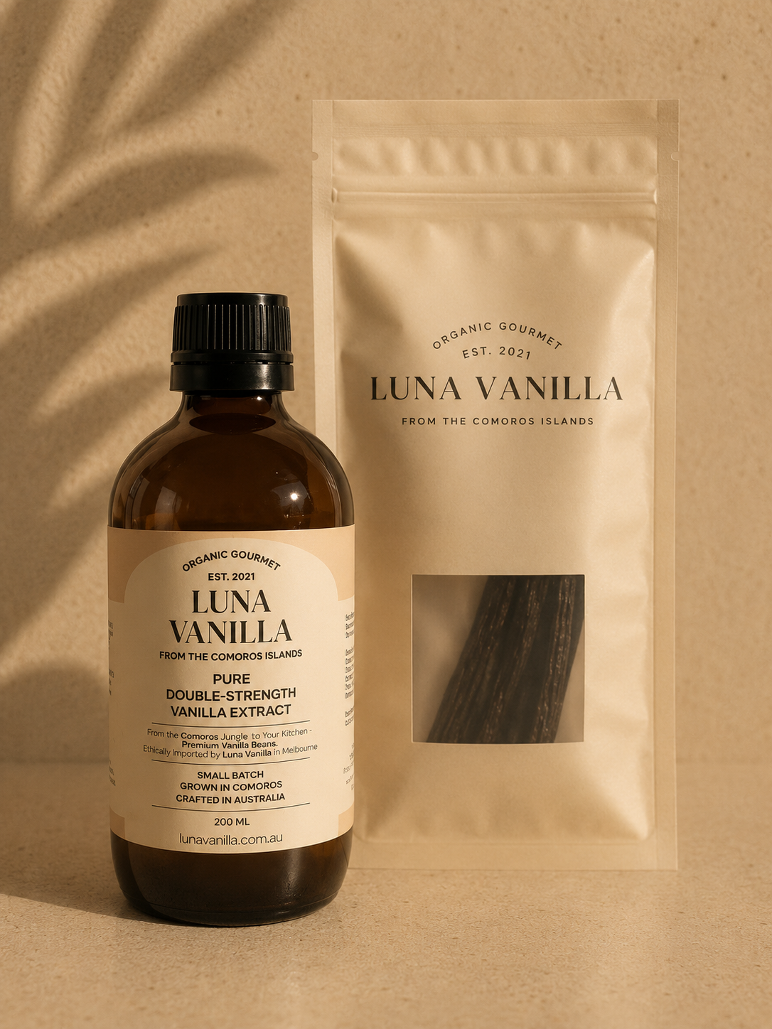 Luna Vanilla Artisan Bundle - 200ml Double Strength Vanilla Extract + 10 Bourbon Vanilla Beans on a beige background