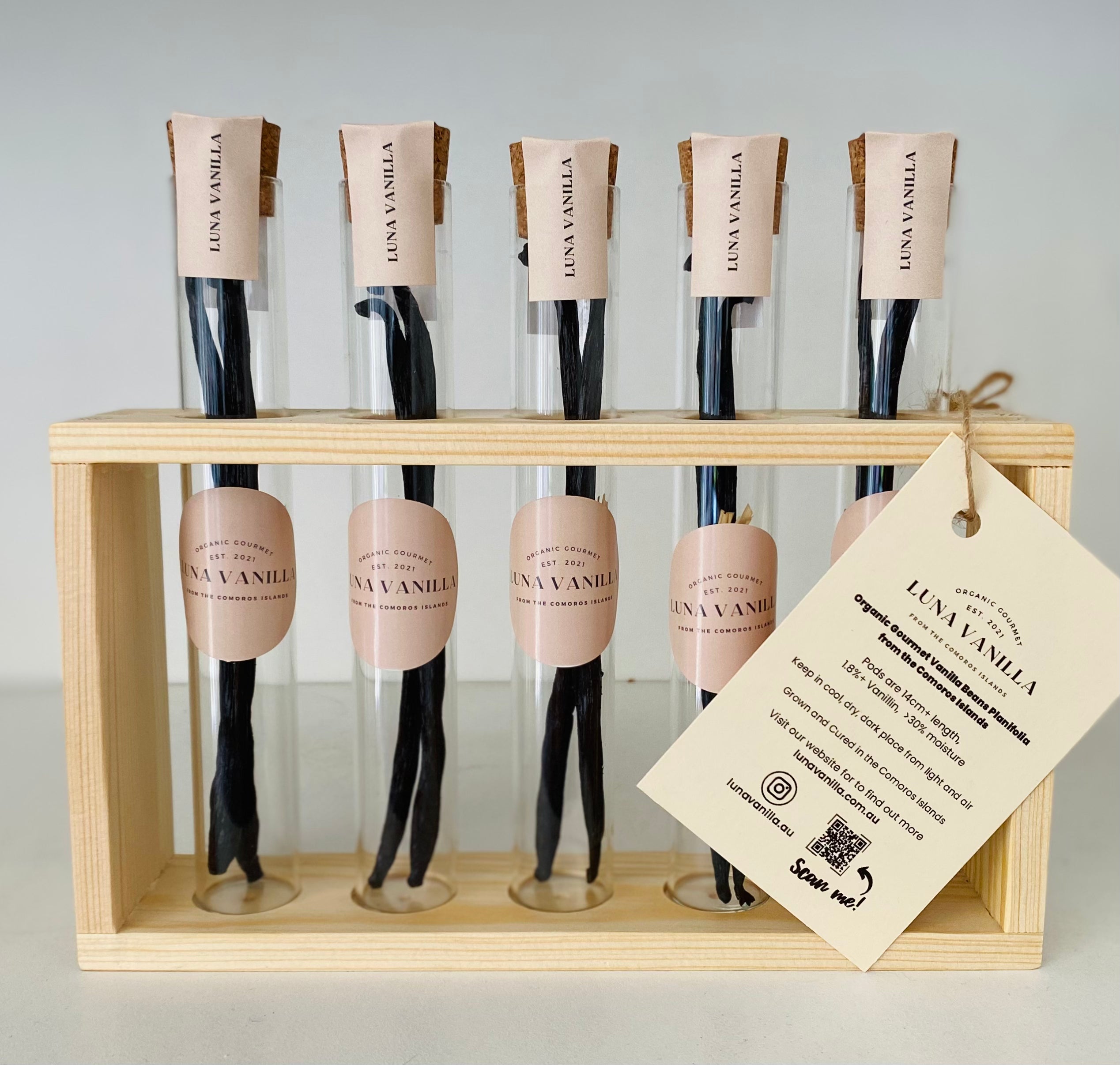 Retail Display Kit - Organic Gourmet Bourbon Luna Vanilla Beans (7 Tubes) | Luna Vanilla Beans | Buy Vanilla Australia | Gourmet Bourbon Vanilla Beans | Buy Comoros Vanilla Beans | Vanilla Extract 
